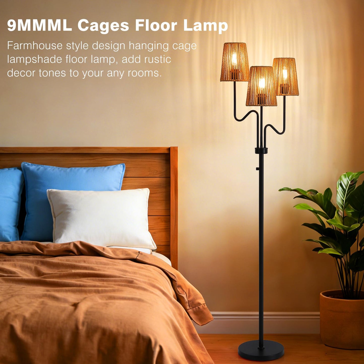 9MMML Farmhouse Boho Dimmable Floor Lamp with Rattan Shade, 68'' Tall Floor Standing Lamp, 3-Light Floor Lamp for Living Room, Bedroom, Office, Corner, 3 x E26 LED Bulb Included