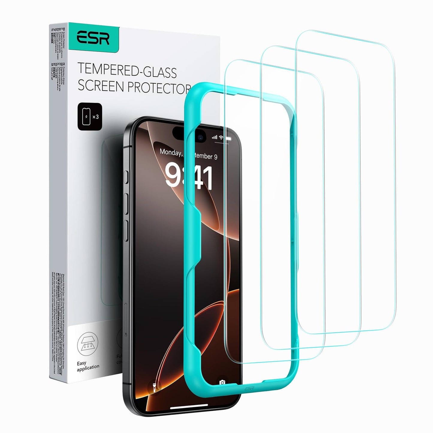ESR 3 Pack for iPhone 15 Pro Max Screen Protector, [9H Hardness] [Military Grade Shatterproof] Full Coverage Tempered Glass Film with Easy Installation Tool, HD Clear, Scratch Resistant