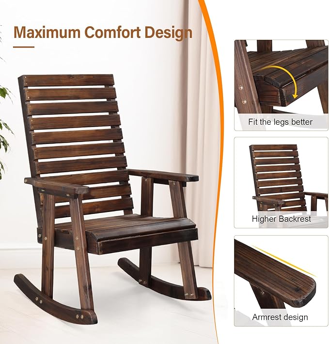 VINGLI Wooden Rocking Chair with High Backrest, Solid Fir Wood, Heavy Duty 600 LBS Patio Rockers for Indoor and Outdoor, Garden, Yard, Patio, Rustic