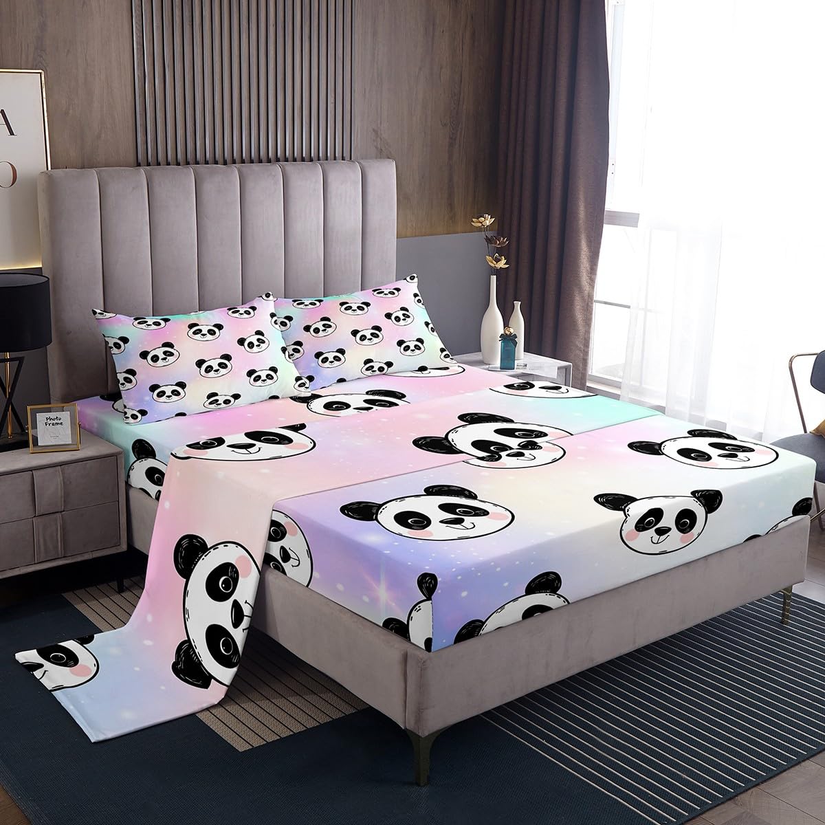 Cute Panda Sheet Set for Princess,Gold Stars Rainbow Bed Sheets Full,Tie Dye Pastel Bedding Set Home Room Decor,Girly Glitter Starry Sky Panda Animal Fitted Sheet + Top Sheet + 2 Pillowcases