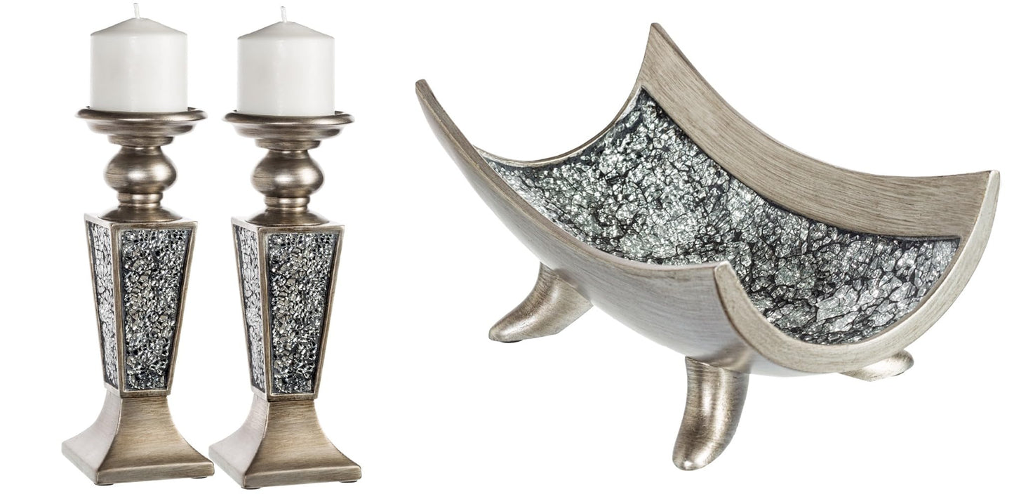 Creative Scents Schonwerk Silver Centerpiece Bowl with Matching Pillar Candle Holder Set of 2 Crackled Mosaic Design- Functional Table Decorations - Centerpieces for Dining/Living Room - Best Gift