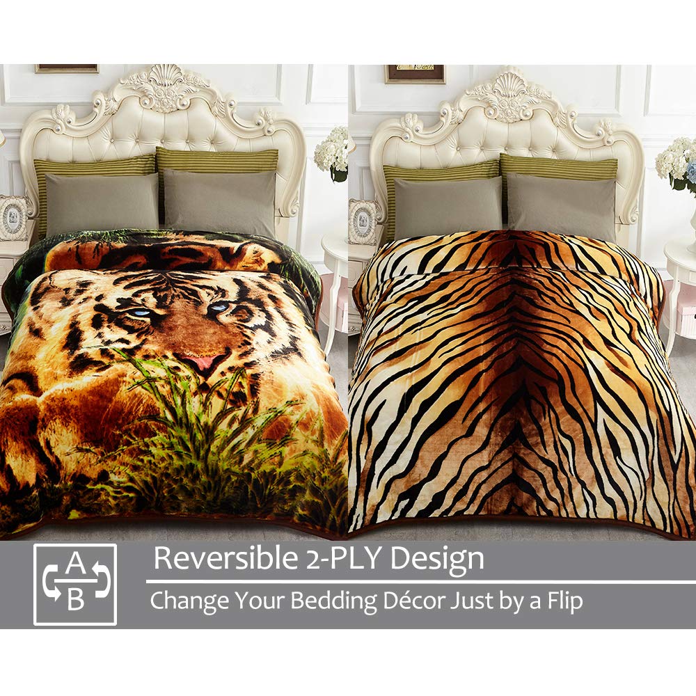 JYK Korean Faux Mink Fleece Blanket 75”x87” and 5 LB Mink Blanket - 2 Ply Reversible 520GSM Silky Soft Plush Warm Blanket for Autumn Winter, A&B Pattern (Queen, Tiger/Tiger Stripes)