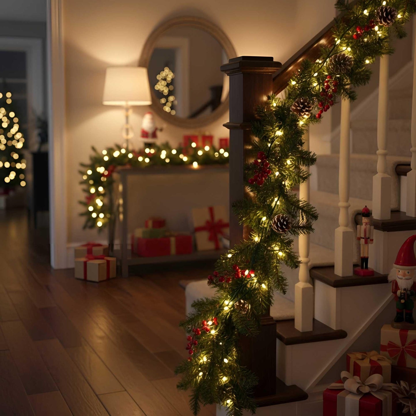 QBIS Outdoor Christmas Lights - Fairy Lights Battery Operated with Small Warm White LEDs, Green Wire, Multifunction, 6hr Timer, Indoor/Outdoor Battery Operated String for Wreath, Garland or Tree