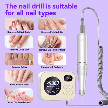 Makartt Electric Nail Drill - 35000RPM Rechargeable Efile with Coreless Motor, Nouvella Portable Nail Filer Machine for Acrylic Gel Removal with Drill Bits Set, Black