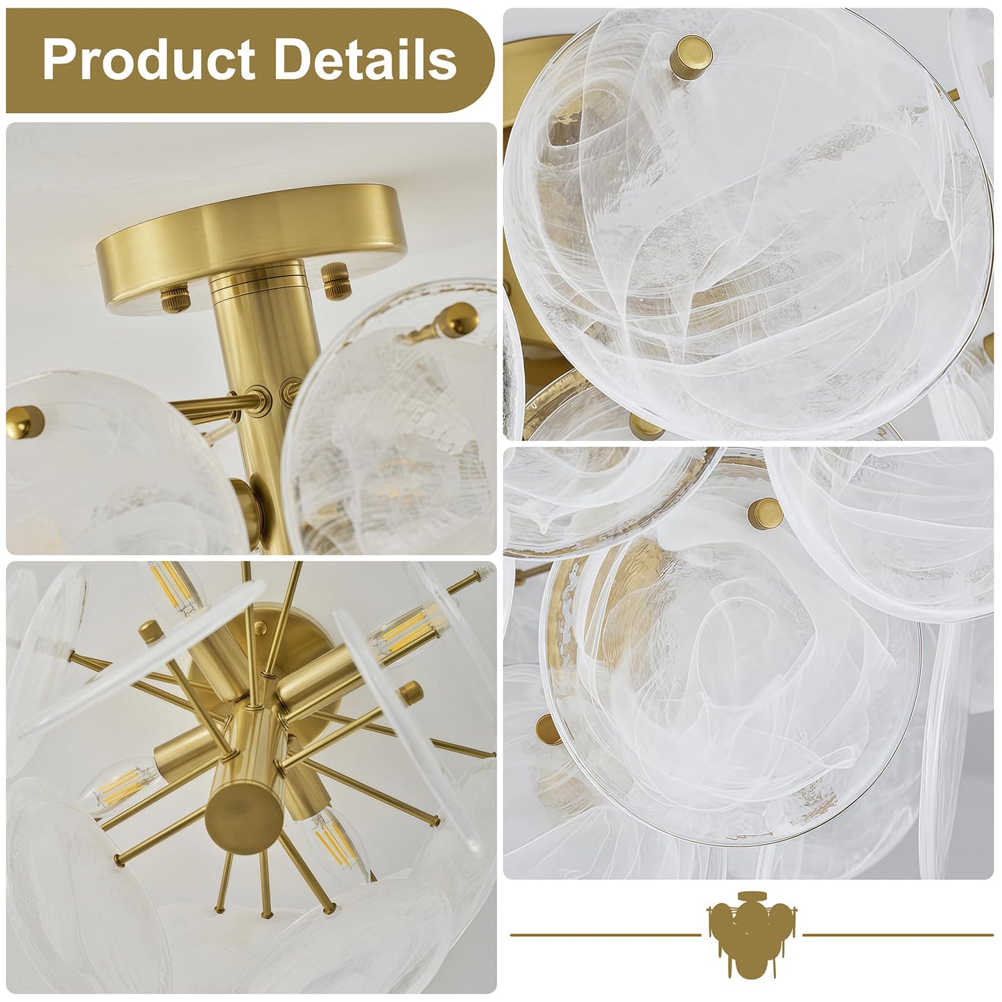 LOZOHOM 15" Brass Gold Semi Flush Mount Ceiling Light,13 lb Sturdy Vintage Flush Mount Chandelier with Unique Cloud Glass, 4-Light Modern Hallway Light Fixtures for Bedroom Laundry Room Foyer Entryway