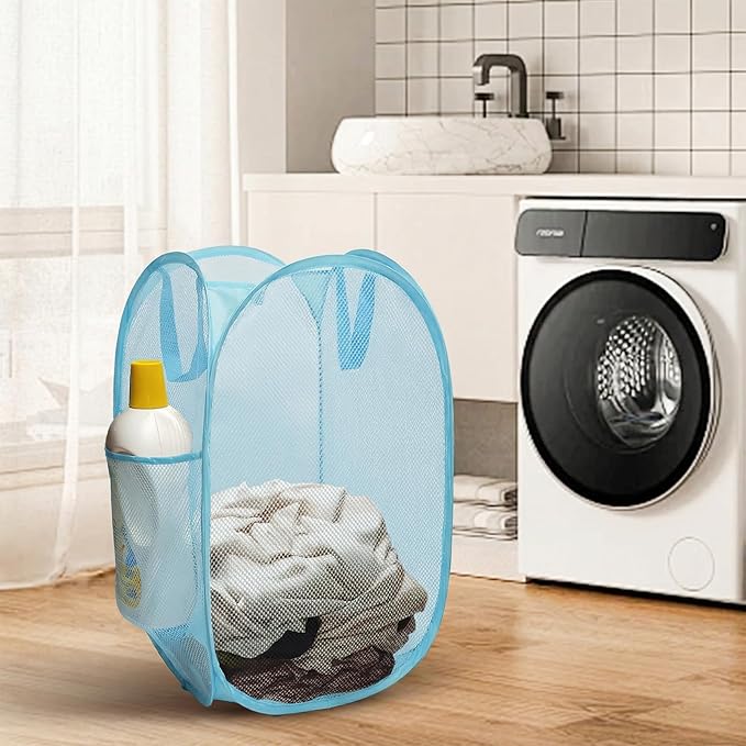 The upgraded pop-up laundry basket features a breathable side pocket mesh design