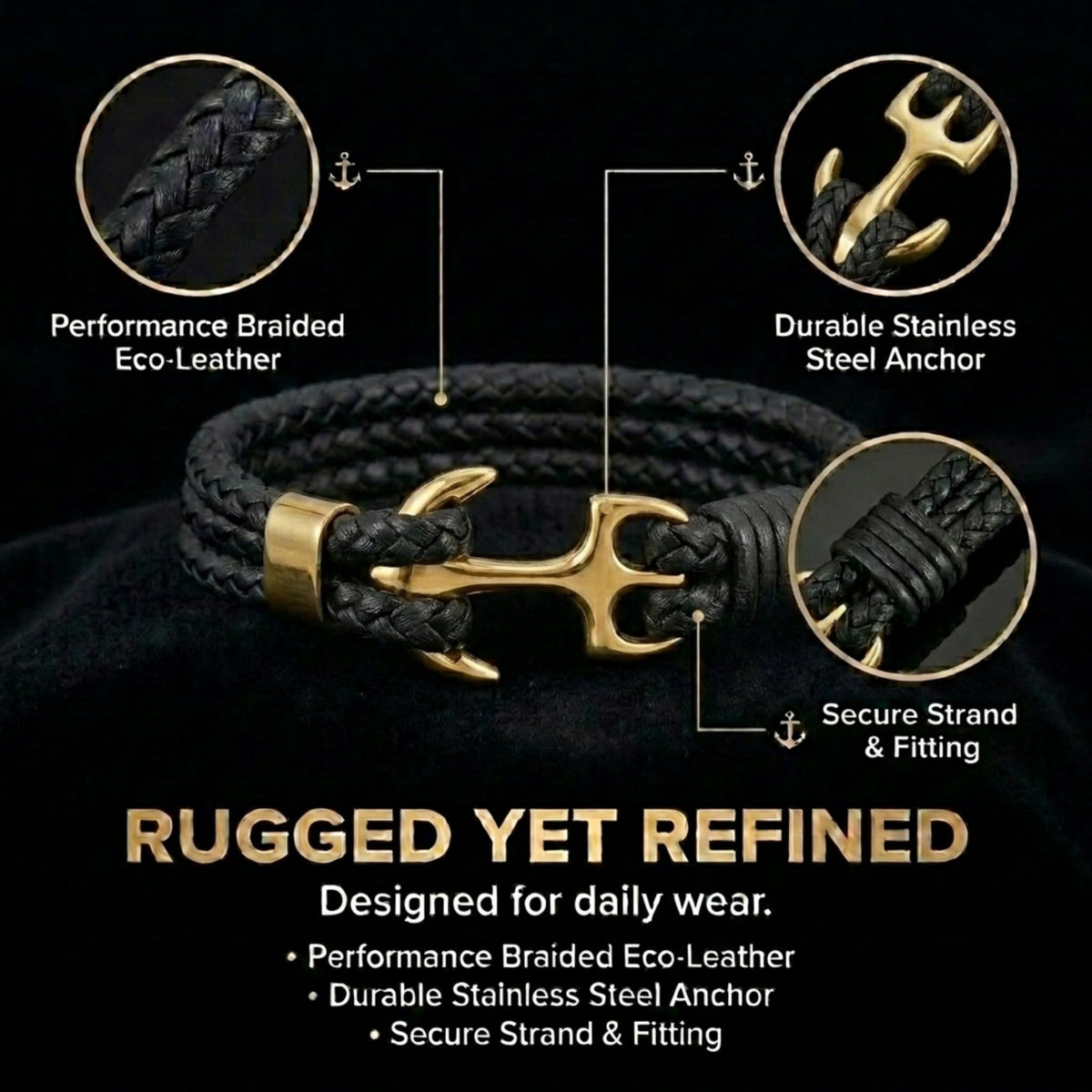 Studio Rockwood Men’s Anchor Bracelet with Gift Box and Card - Braided Leather Wristband - Gift for Dad, Husband, Boyfriend - Father’s Day, Anniversary, Birthday, Valentine’s Day (Gold, Dad)