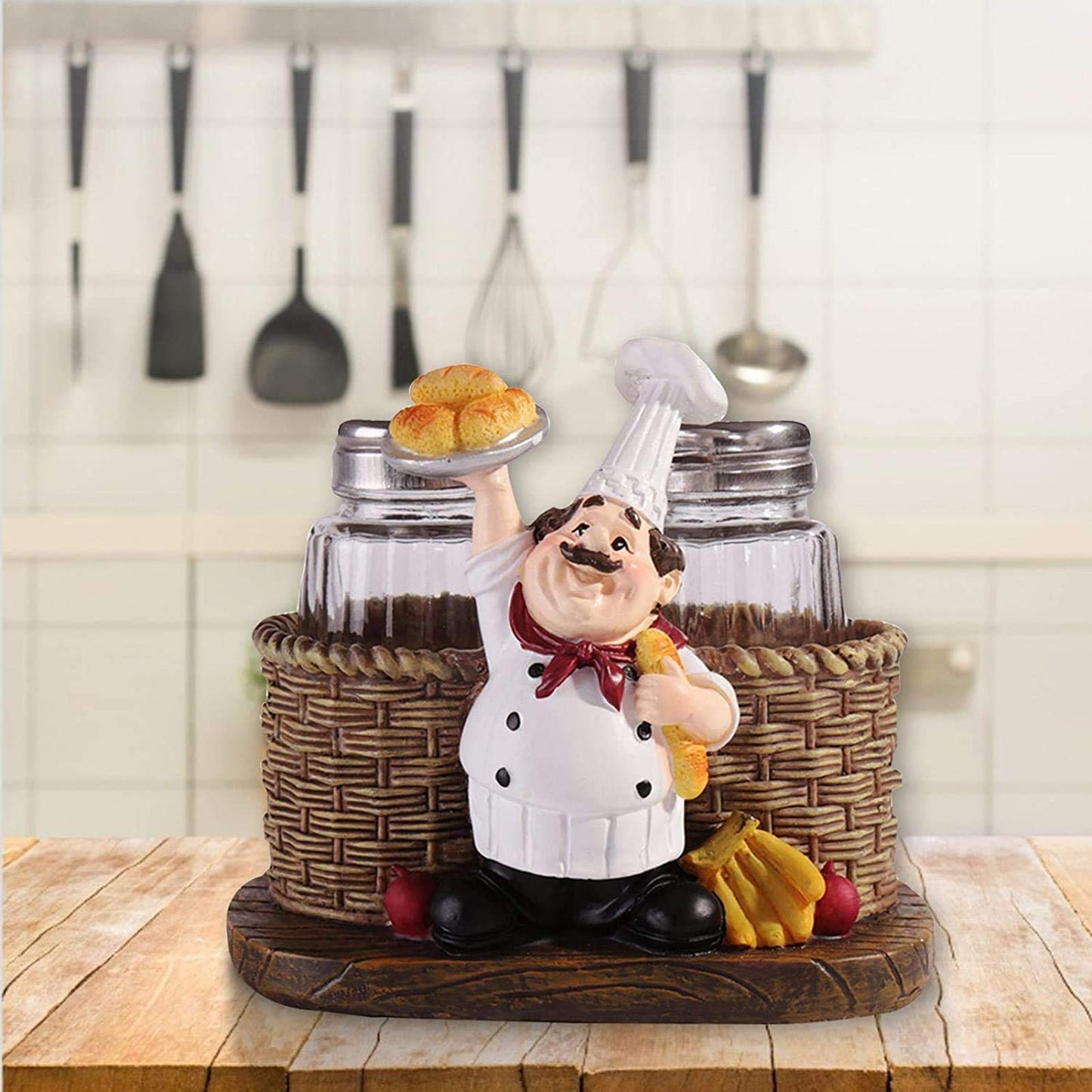 Salt and Pepper Shakers Set,Sitting Chef Decorative Statue Spice Organizer,Glass Spice Jars with Holder Figurine Gift for Family,Kitchen,Restaurant, Cafe,Bakery (Bread)