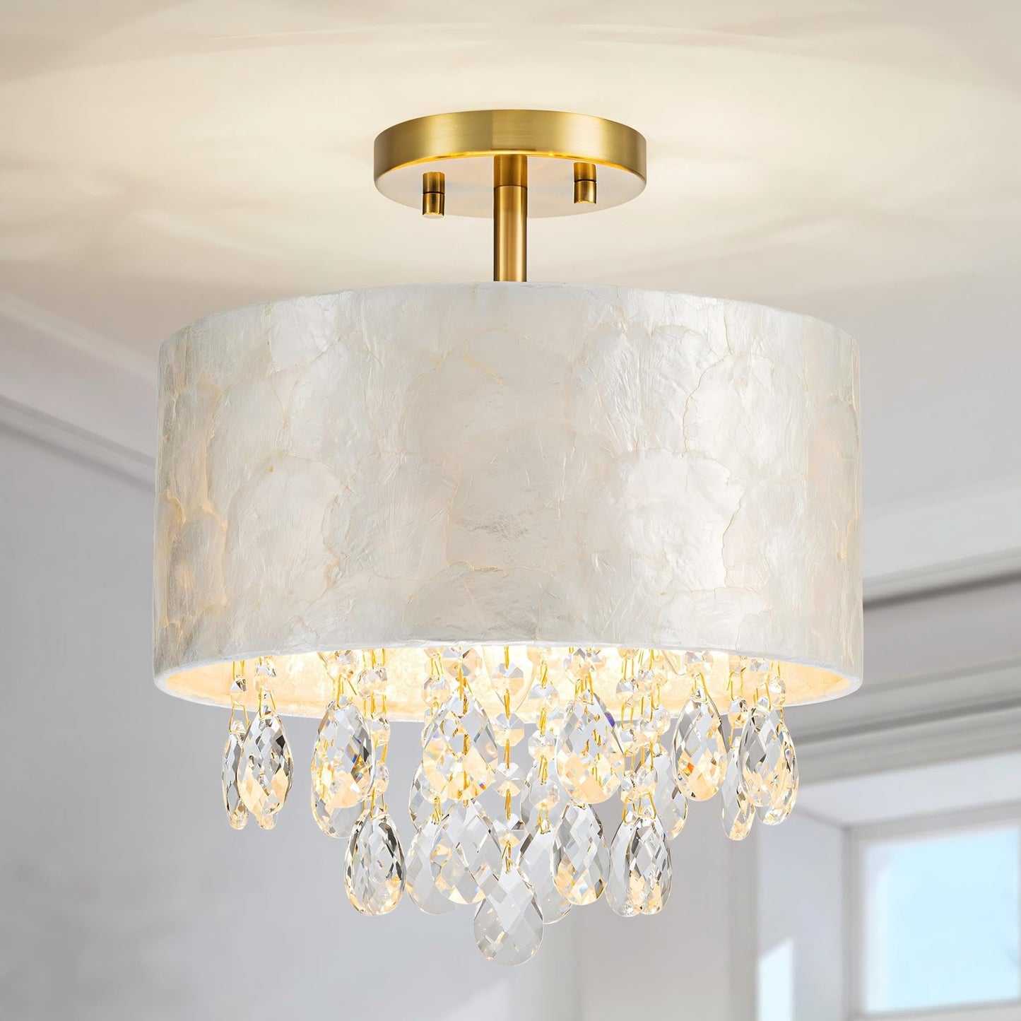 LumFurn D12in Drum Capiz Shell Crystal Ceiling Light, 3-Light Coastal Style Semi-Flushmount Light Fixture for Hallway, Entryway & Bedroom, K9 Crystal & Shell Lampshade & Gold Finish Frame