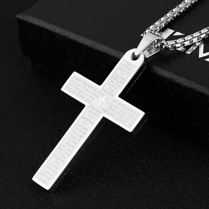HZMAN Stainless Steel Cross Necklace for Men Women Inspiring Lord's Prayer Cross Pendant Jewelry Gift (Silver)