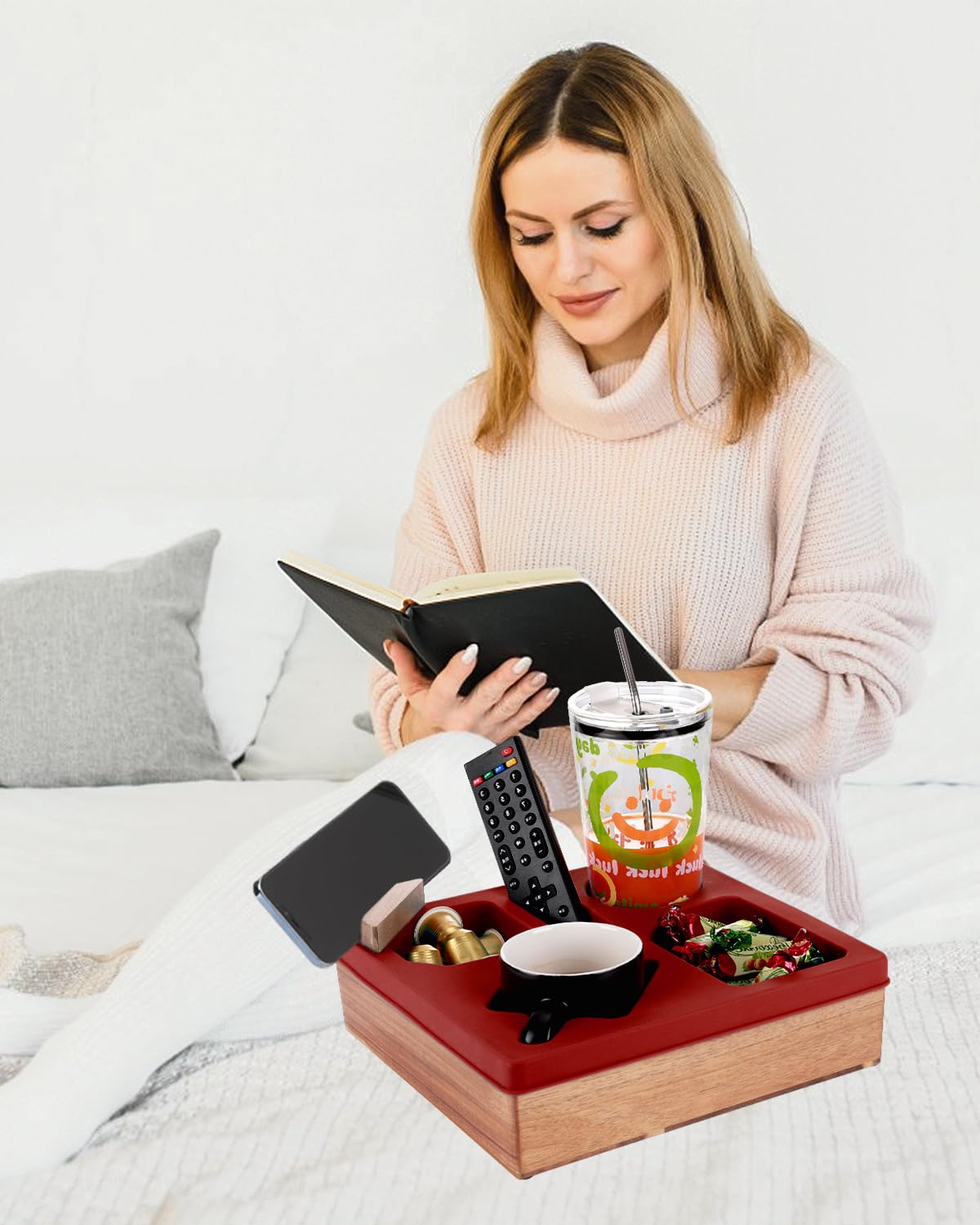 Couch Cup Holder Tray, Silicone Wooden Couch Caddy with Cup Holder for Snacks, Drinks, Remotes, Waterproof Cup Holder for Couch, Organizer, Couch Drink Holder, (red)