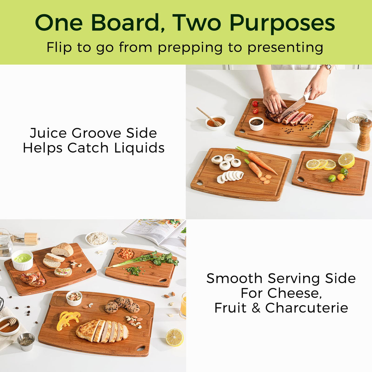 VITATAKU Bamboo Cutting Boards for Kitchen, 15.4" Deep Carbonized Wood Cutting Board with Storage Stand, 3 Piece Extra Thick Cutting Board Set with Deep Juice Grooves, Gift for Charcuterie Boards
