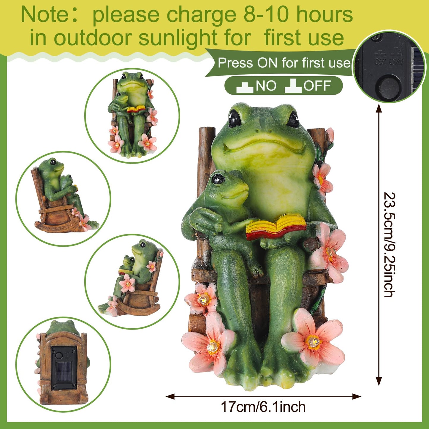 Thyle Frog Miniature Garden Statues Solar Family Reading Frog Garden Statue in Rocking Chair with LED Book Outdoor for Mom Women Grandma Patio Yard Lawn Decor Birthday Gifts Housewarming Decoration
