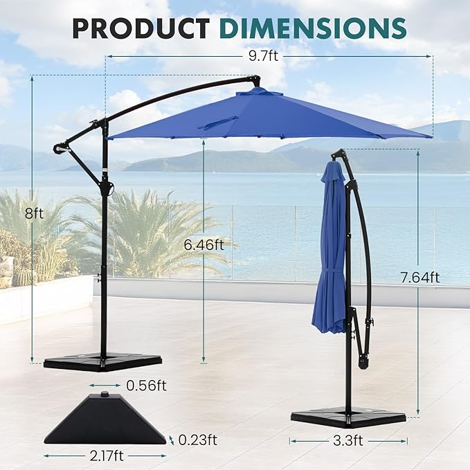 OLIXIS 9.7FT Offset Patio Umbrella with Base, Cantilever Table Umbrellas for Outdoor Sun Shade UV Protection with Easy Tilt Adjustment, 8 Ribs for Backyard, Lawn, Garden, Pool - Blue