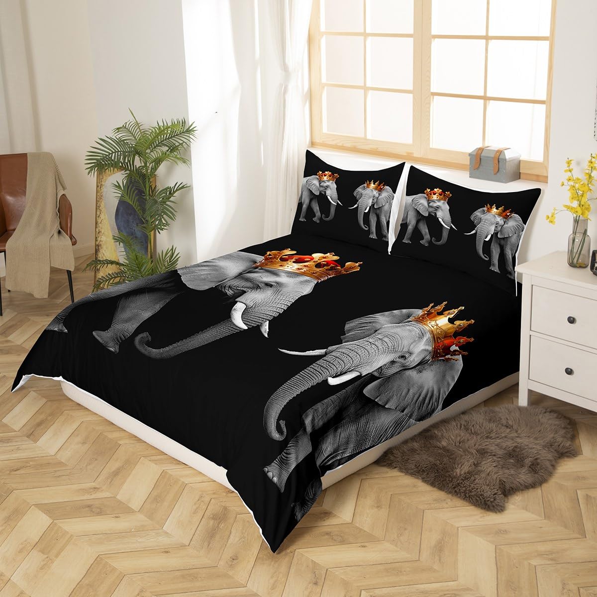 Elephant Couple Duvet Cover Set Full Size,3D African Tropical Wild Animal Comforter Cover with 2 Pillowcases,Golden King and Queen Crown Breathable Bedspread for Boys Teens