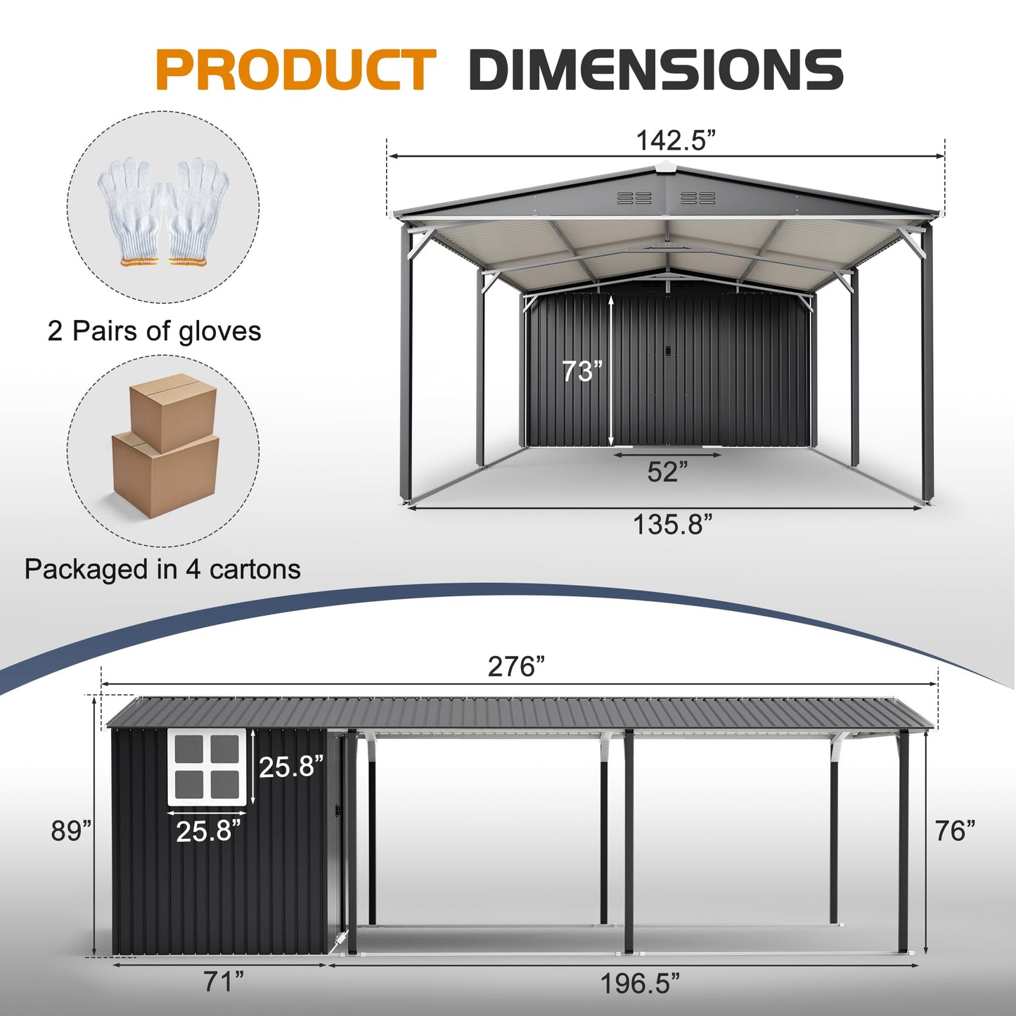 ZMAD 12'x23' Metal Carport Storage Shed, Heavy Duty Steel Garage with Sliding Door, UV Panel & Waterproof Sloped Roof, Reinforced Structure for Car Boat Tractor Farm (Grey, Style A)