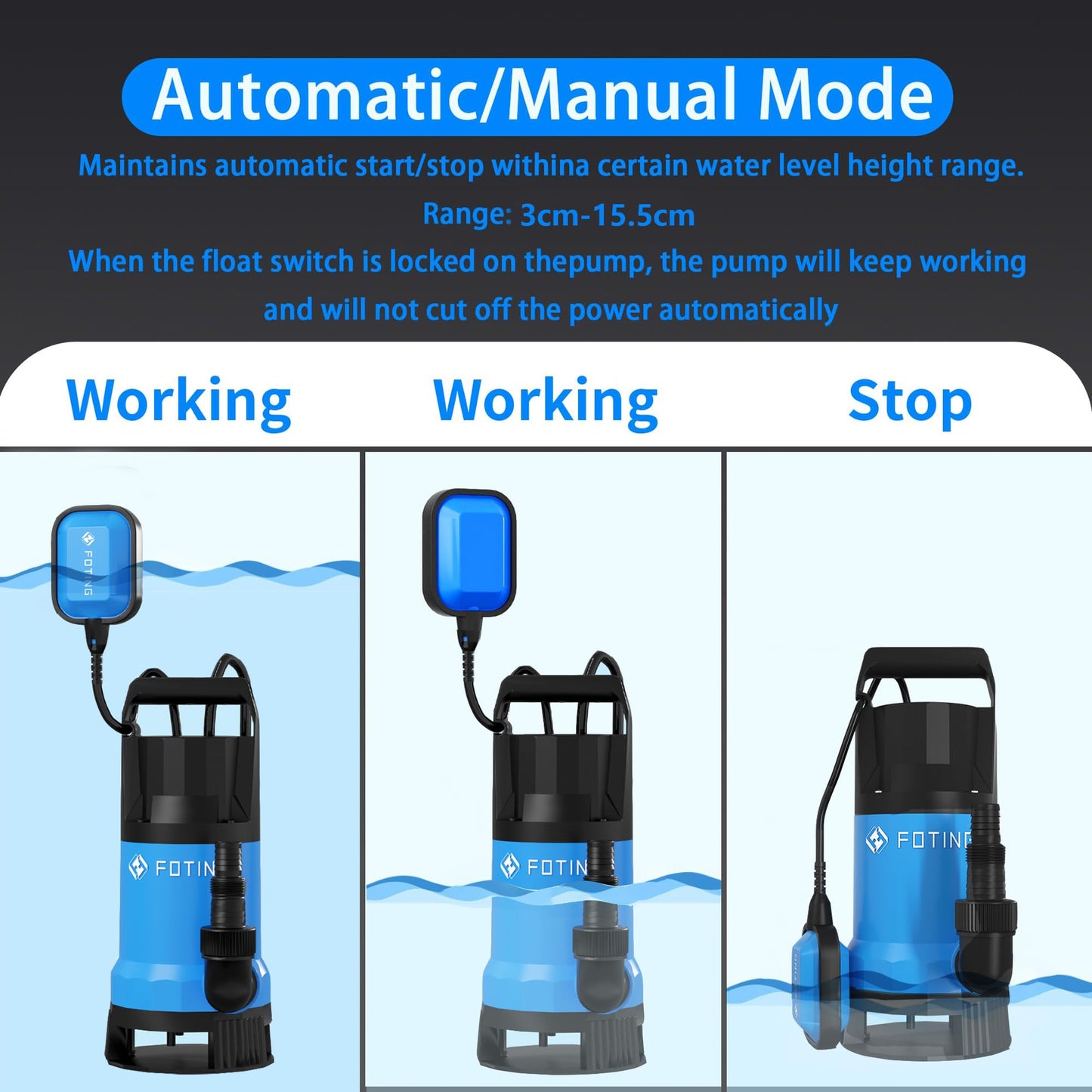 FOTING 1000W Submersible Water Pump to Empty Pool, Dirty/Clean Water, 17600 L/H Electric Sump Pump with Float Switch, Portable Water Pump for Garden Pond, Hot Tub, Pool Draining, Ditches
