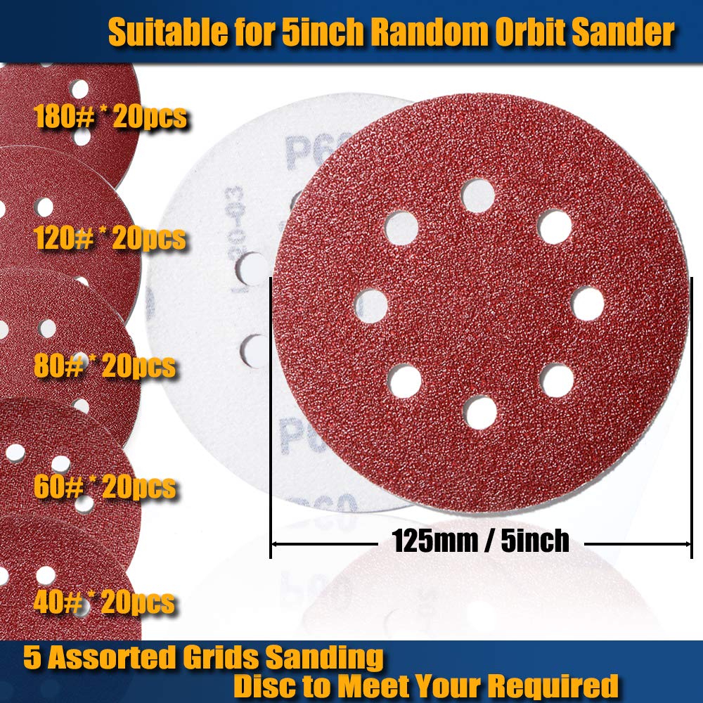 100pcs 125mm Sanding Discs, (Hook and Loop 20 x 40/60/80/120/180 Mixed Grit), 8 Hole 5 Inch Round Sanding Discs Pads for Random Orbital Sander by AniSqui