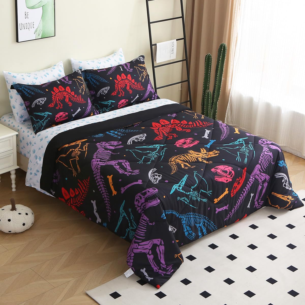 Jameswish 7 Piece Boys Dinosaur Comforter Set Twin Size 3D Black Dinosaur Skeleton Bedding Set for Toddler Kids Teens Christmas Birthday Gift