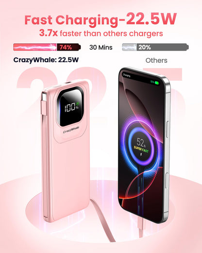 Portable Charger with Built-in Cables,22.5W Super Fast Charging Power Bank Slim Phone Charger,10000mAh Travel Battery Pack Battery Bank with Smart LED Display for iPhone, Android & USB-C Devices