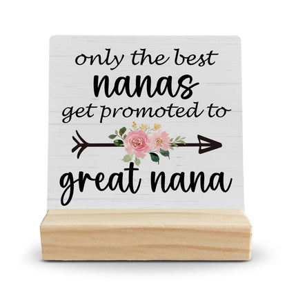 FUGWN Great Nana Gifts Desk Decor, Pregnancy Announcement for Grandma Wood Desk Sign, Gifts for Great Nana Grandma, Promoted to Great Nana Wooden Plaque with Wood Stand for Home Table Decor