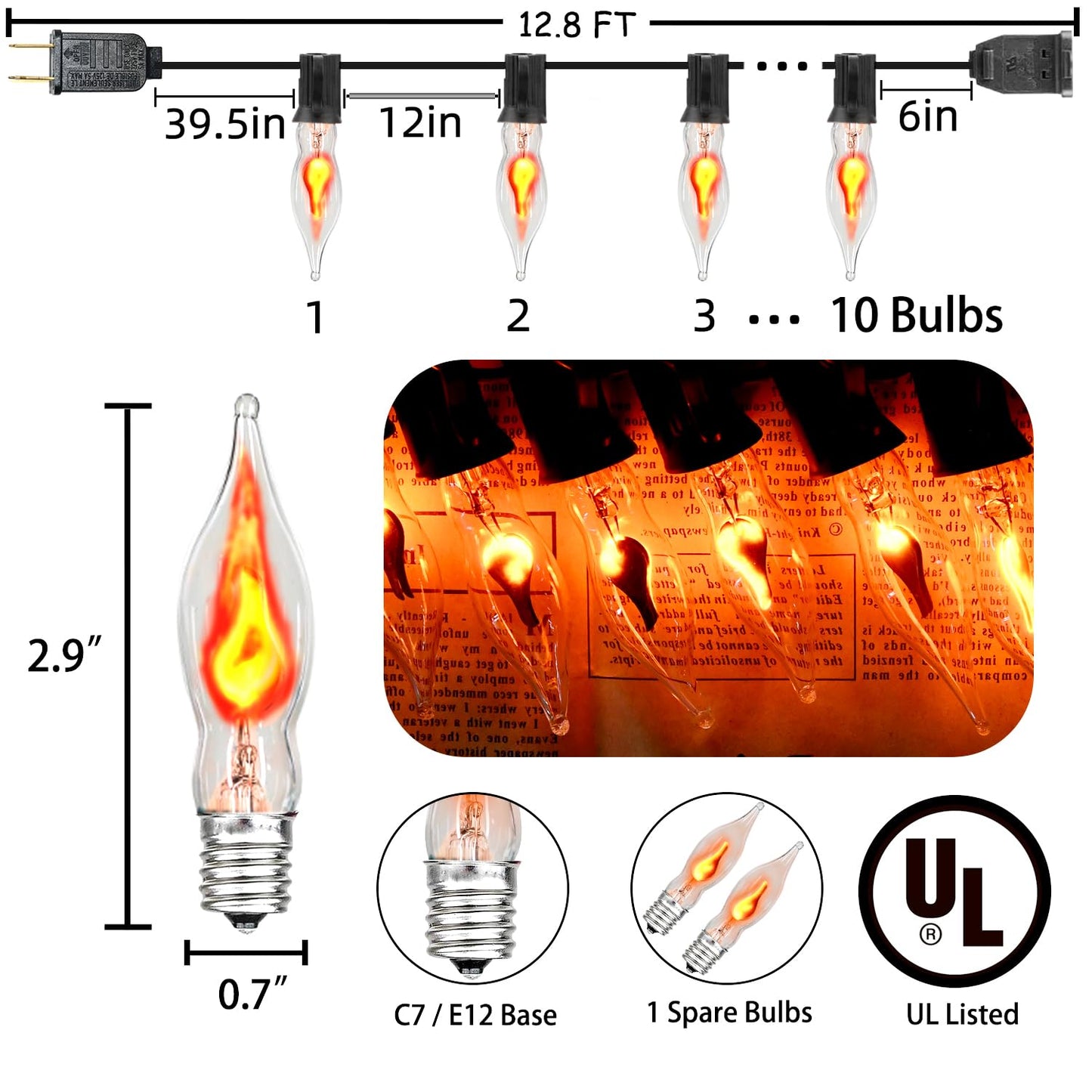 Glowzy 12.8Ft Christmas Lights Flickering Flame String Lights with 12 Pack Clear C7 Flame Light Bulbs（2 Spare）, Great for Indoor Outdoor Home Patio Party Christmas Decorations Lights, 1W, E12 Base