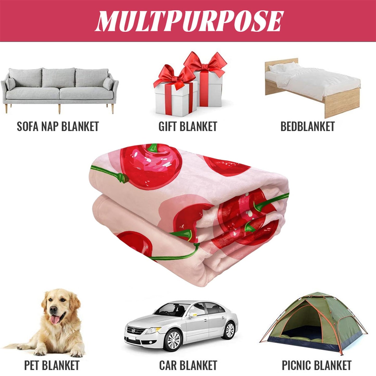 XSMEI Cherry Pattern Throw Blanket, Decorative Fleece Blanket with Fresh Fruit Design, Super Soft Warm and Cozy, Gifts for Women Girls Kids, 50" x 60"