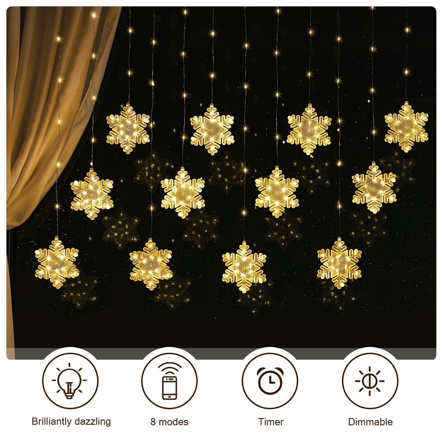 BLOOMWIN Window Lights Christmas Decor 10ft 12 Snowflakes Icicle Lights USB Christmas Curtain Lights for Bedroom Indoor Wall Winter Decorations for Home Church Wedding Birthday, 8 Modes, Warm White