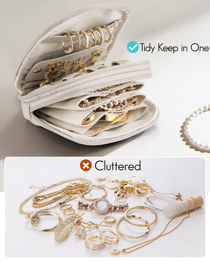 VLANDO Travel Jewelry Case,2-Layer Jewelry Organizer for Travel,Mothers Day Mom Gifts,Multi-Compartment Jewelry Storage for Rings Earrings Necklaces Bracelets-Cream White