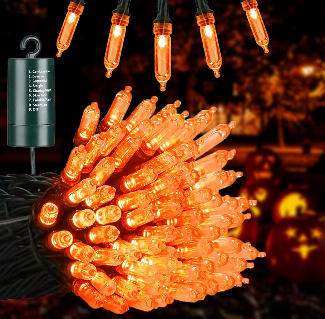 Joomer Orange Halloween Lights, 33ft 100 LED Battery Operated Mini String Lights Waterproof with 8 Modes & Timer Function for Halloween Decorations