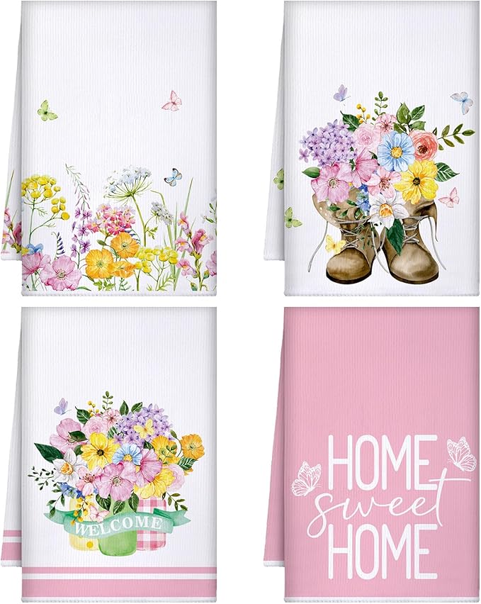 Bencailor 4 Pcs Pink Floral Kitchen Towels Pink and White Flower Hand Dish