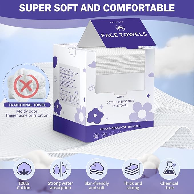 Face Towels, Disposable Face Towelette, Makeup Remover Dry Wipes 50 Count