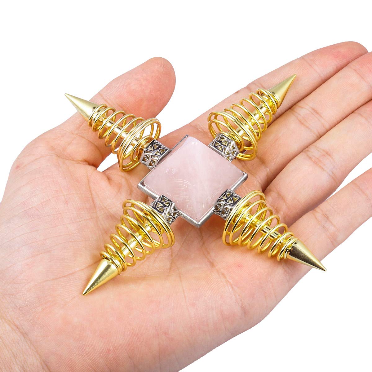 mookaitedecor Rose Quartz Pyramid Healing Crystal Stone Energy Generator with 4 Spiral Copper Points for Reiki Balancing Meditation, Gold Plated
