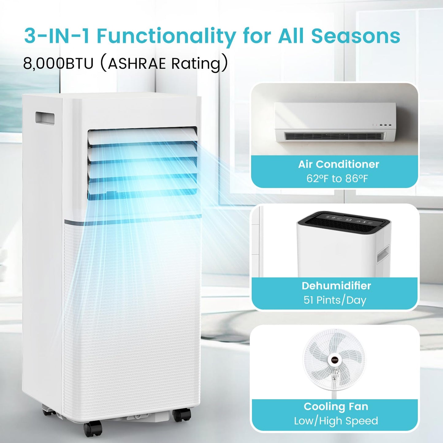 Antarctic Star Portable Air Conditioners 8,000 BTU, Small Portable AC with Cooling, Fan, Dehumidifier Function, 24H Timer, Cooling up to 350 Sq.Ft. Window Kit Panel, 62ºF and 86ºF Temperature Range