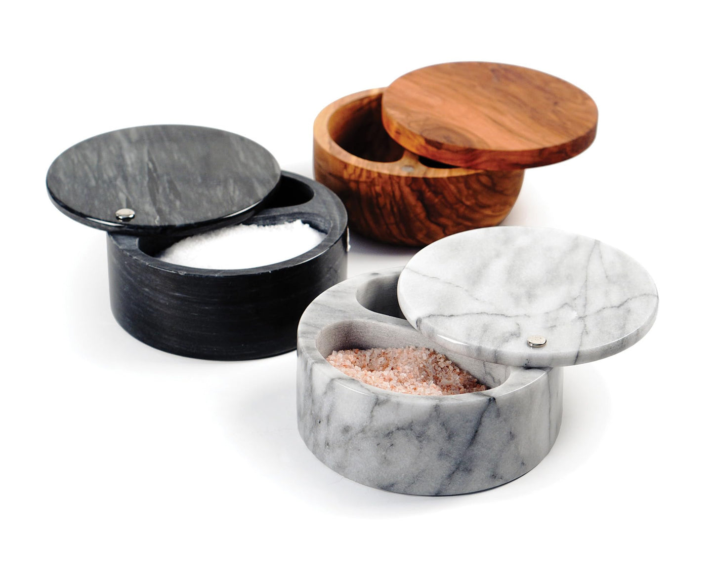 RSVP International Dual Compartment Box | Chic & Modern Herb Container | 10 Ounces Total | Swivel Top Protects Salts | Beautiful, Solid Marble, 5", White