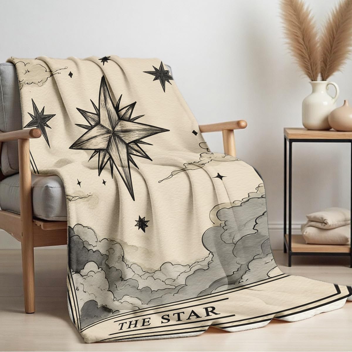 HUNXIAOJ Sun Moon Celestial Print Blanket Boho Celestial Flannel Throw Beige Blanket Throw for Couch Bed Home Living Room Boho Decor Gifts for Kids Adult (59"x78")