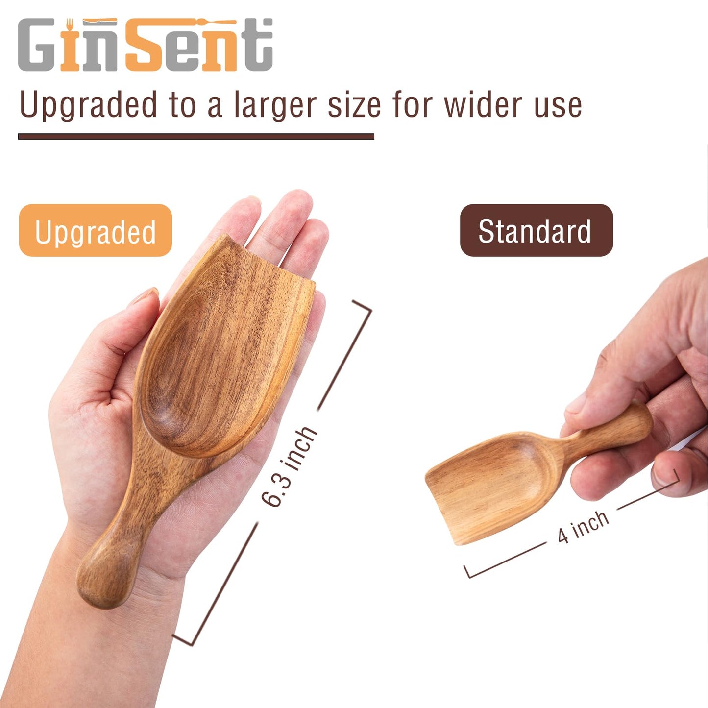 GinSent Wood Coffee Scoop-2 Pieces Large Measuring Spoons for Ground Coffee,Tea,Sugar,Seasoning-Multipurpose Wooden Scoop for Jars,Canisters,Bath Salts,Laundry Detergent(Acacia Wood)