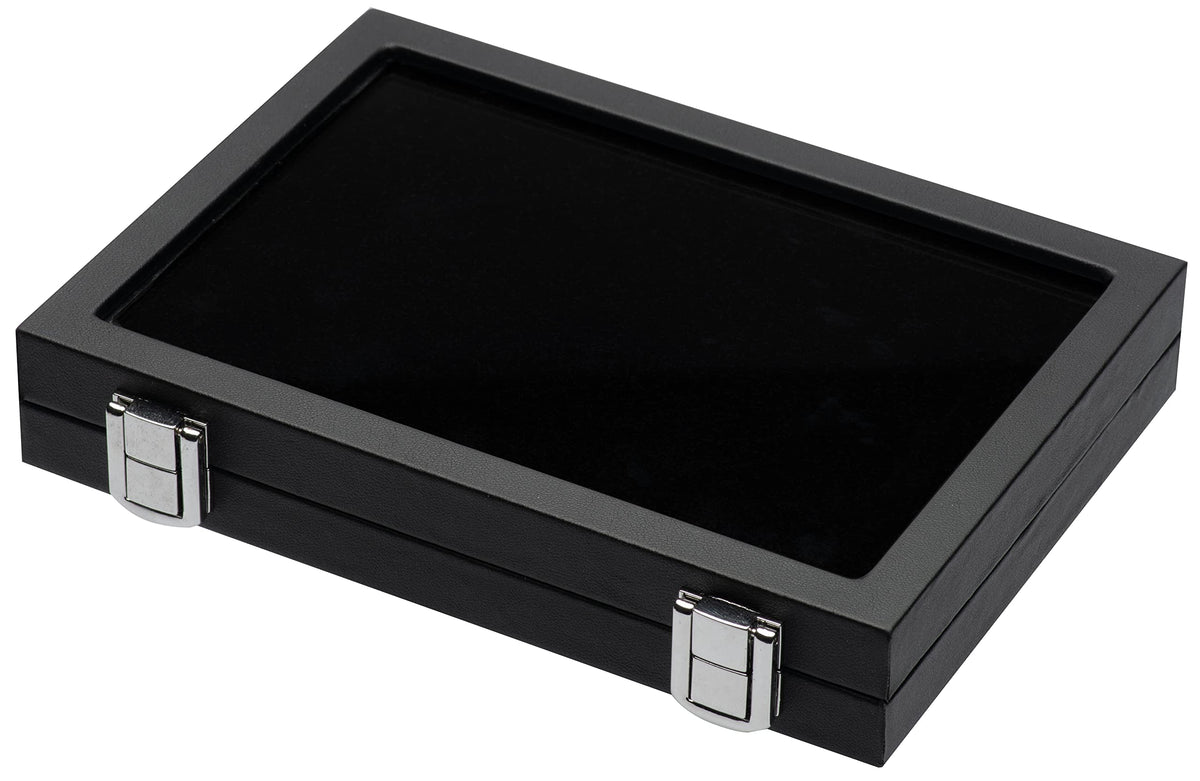 Giftop Jewelry Display Case Tempered Glass Top Lid Black Leatherette,Gemstone Display Case Jewelry Storage Box with Metal Clasp (Half-Size)