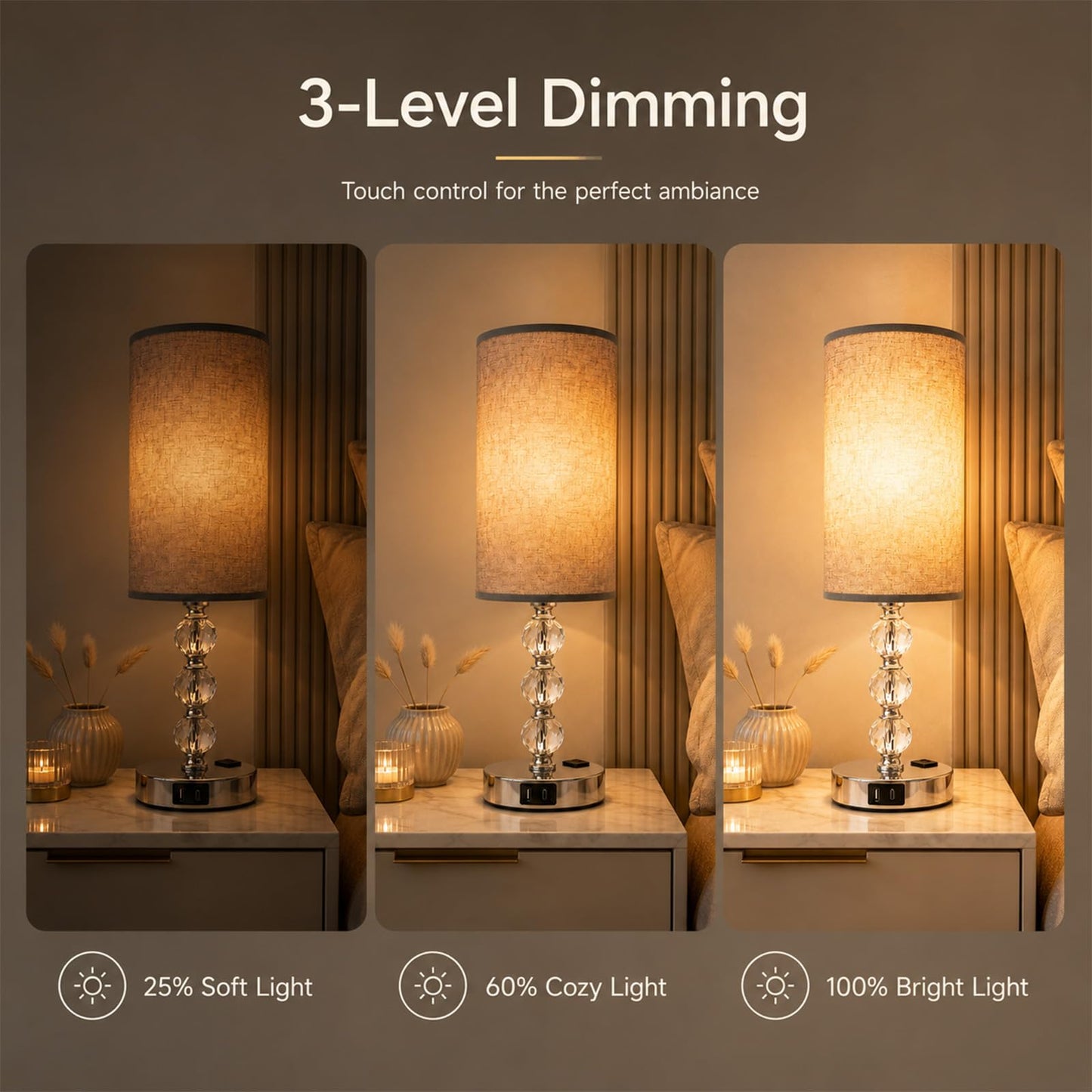 Wiomonrew Crystal Table Lamp 14.6", 3-Way Dimmable with Touch Control, USB Charging Ports & AC Outlet, Bulb Included, – 3000K Warm White for Bedroom Living Room