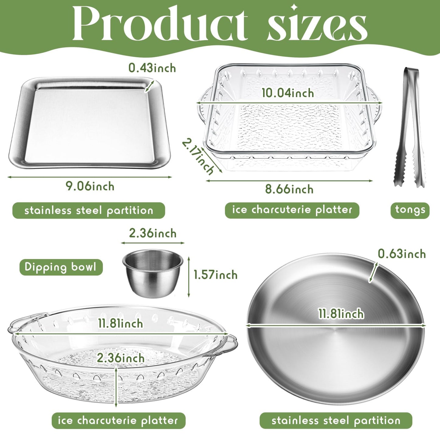 Baderke 4 Set 11.8" + 9" Chilled Serving Tray for Parties with Compartments Ice Chilled Party Platter Charcuterie Serving Board 1.7 oz Dipping Bowls with Tongs for Fruit Seafood Vegetable (Natural)