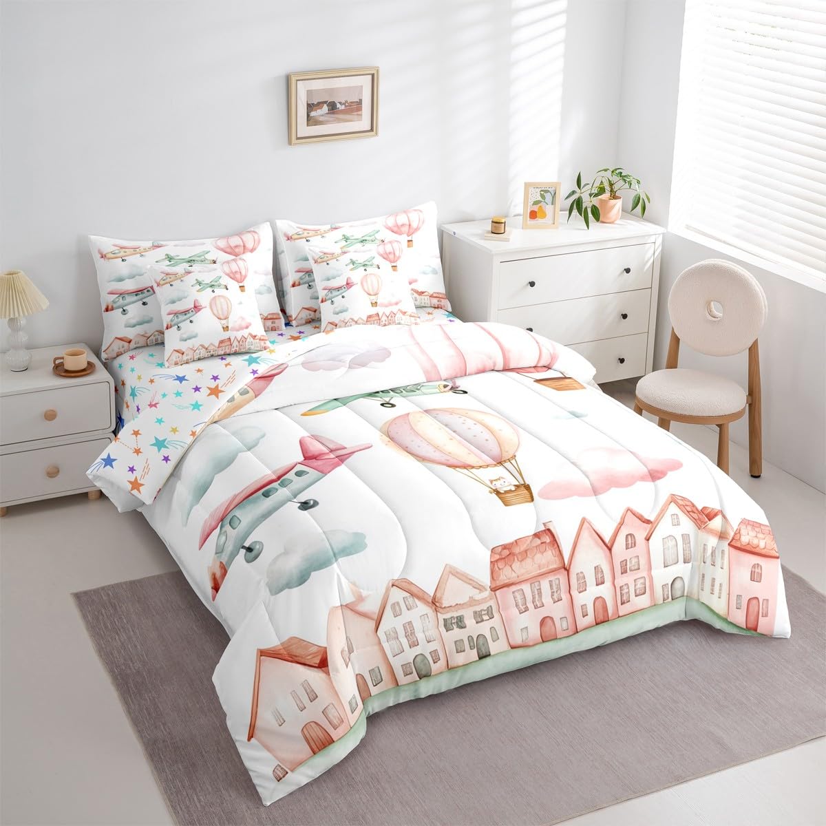 Erosebridal Cartoon Airplane Twin 7 Pcs Bedding Set, Pink Aircraft Comforter Set with Sheets for Girls Kids Youth Women Bedroom, Cute Cat Pink Hot Air Balloon Bed in A Bag, Colorful Cloud Bed Sets