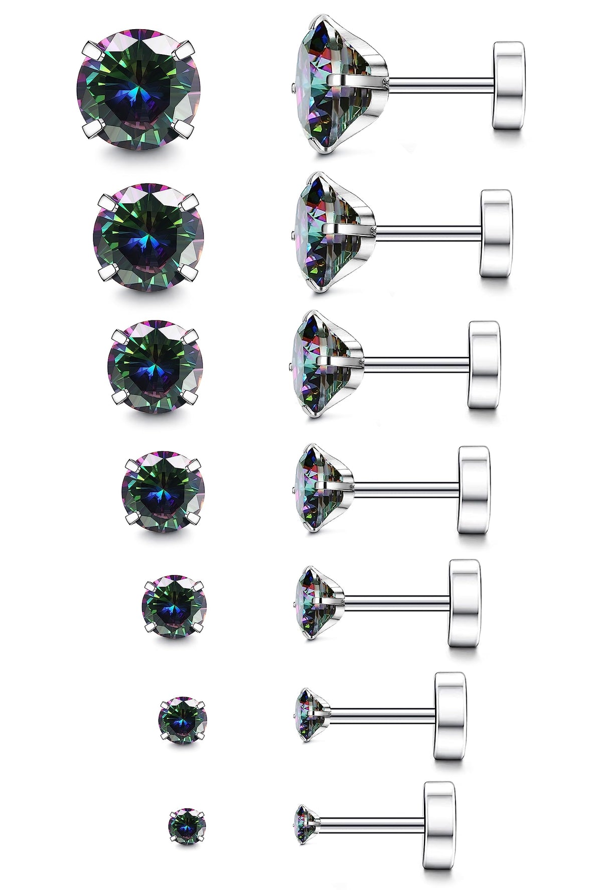 Fansilver 20G Hypoallergenic Flat Back Earrings for Women Men Silver 14K Gold Stainless Steel Stud Earrings Brithstone Cubic Zirconia Studs Surgical Steel Cartilage for Sensitive Ears
