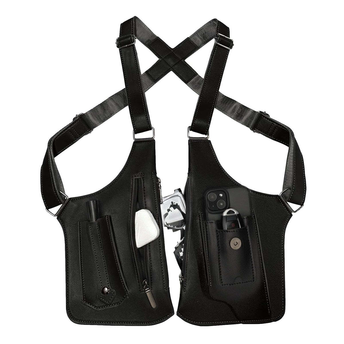Underarm Shoulder Bag for Men, Leather Double Shoulder Armpit Bag with Adjustable Design & Multi-Pocket, Premium Wallet Holster for Outdoors, Travel (Black)