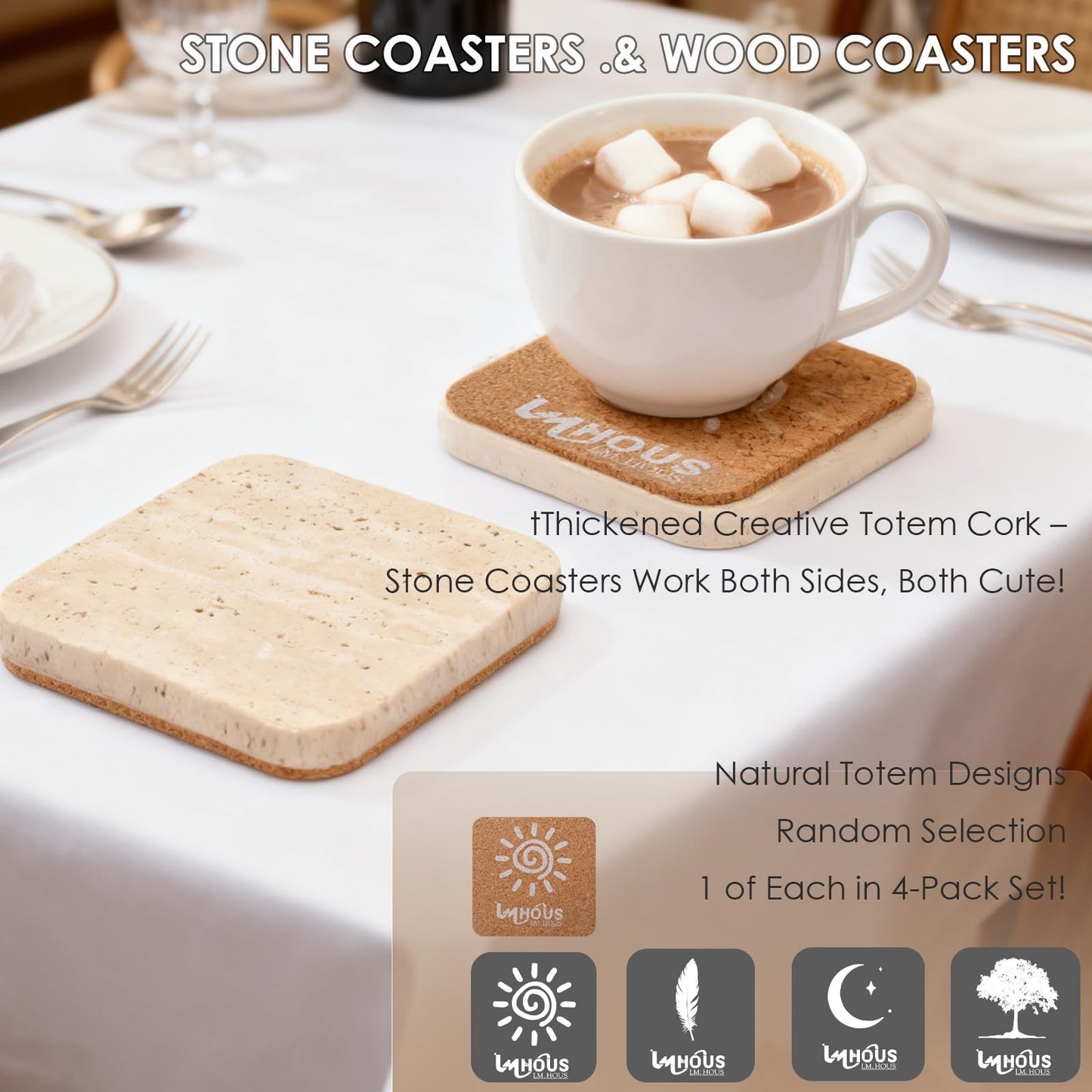 2PACK Travertine Marble Coasters Natural Coaster Set of 2, 4" Square Stone Drink Coasters with Thick Cork Backing, Durable Non-Slip Cup Mats, Table Protection for Coffee, Kitchen, Bar, Wedding
