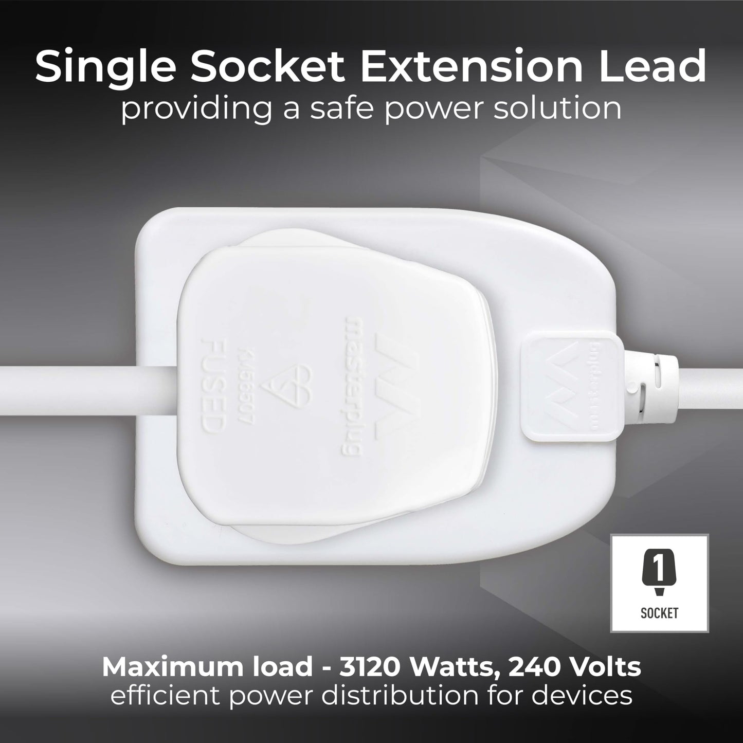 Masterplug One Socket Single Extension Lead, Unswitched, 10 Metre Cable, 1-Way Plug Extension Cable, Basic Power, White, 13A, 1G, 10m, BOG10