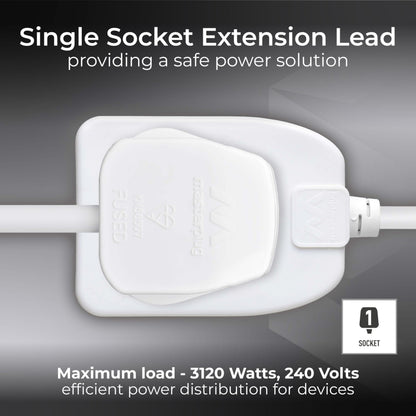 Masterplug One Socket Single Extension Lead, Unswitched, 10 Metre Cable, 1-Way Plug Extension Cable, Basic Power, White, 13A, 1G, 10m, BOG10