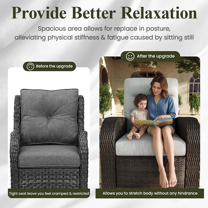 LayinSun Oversized Wicker Outdoor Swivel Glider Recliner with Adjustable Backrest & Footrest, Patio Reclining Lounge Chair