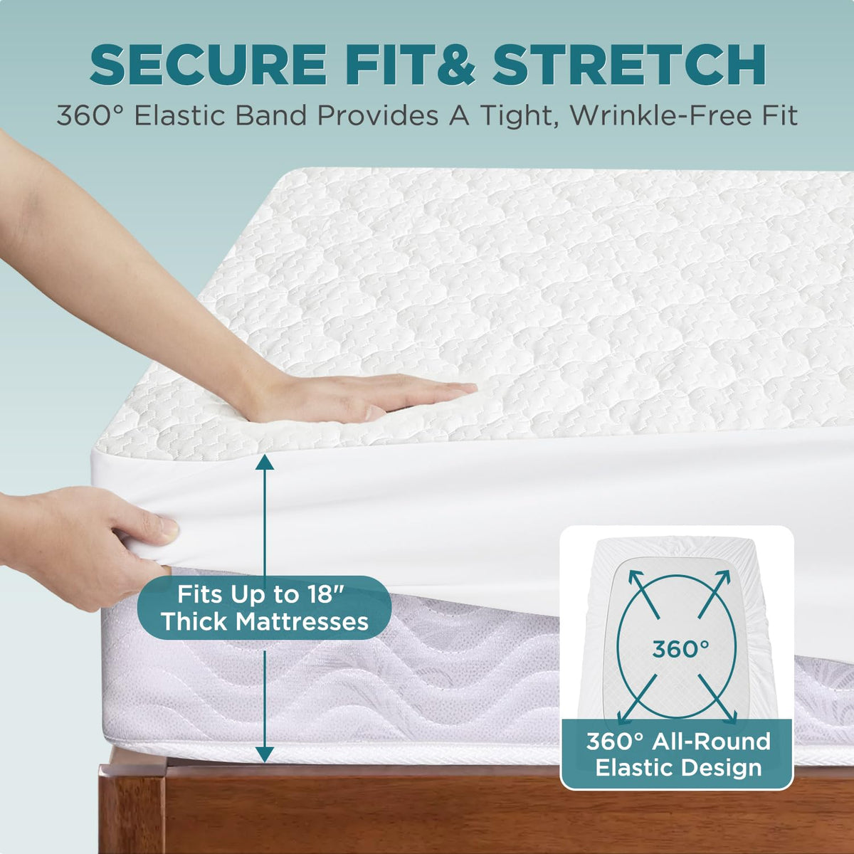 5 Sided Waterproof Mattress Protector, Queen Size Quilted Bamboo Rayon Mattress Cover, Breathable Cooling Noiseless Bed Fitted Sheets, Soft Bedding Pad with Deep Pocket Up to 18"