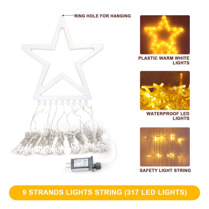 MUYUN Waterfall Christmas String Lights with 317 LED Star Hanging Twinkle Fairy Curtain Lights for Party Wedding Patio Indoor Outdoor Decorative Water Flow Lights