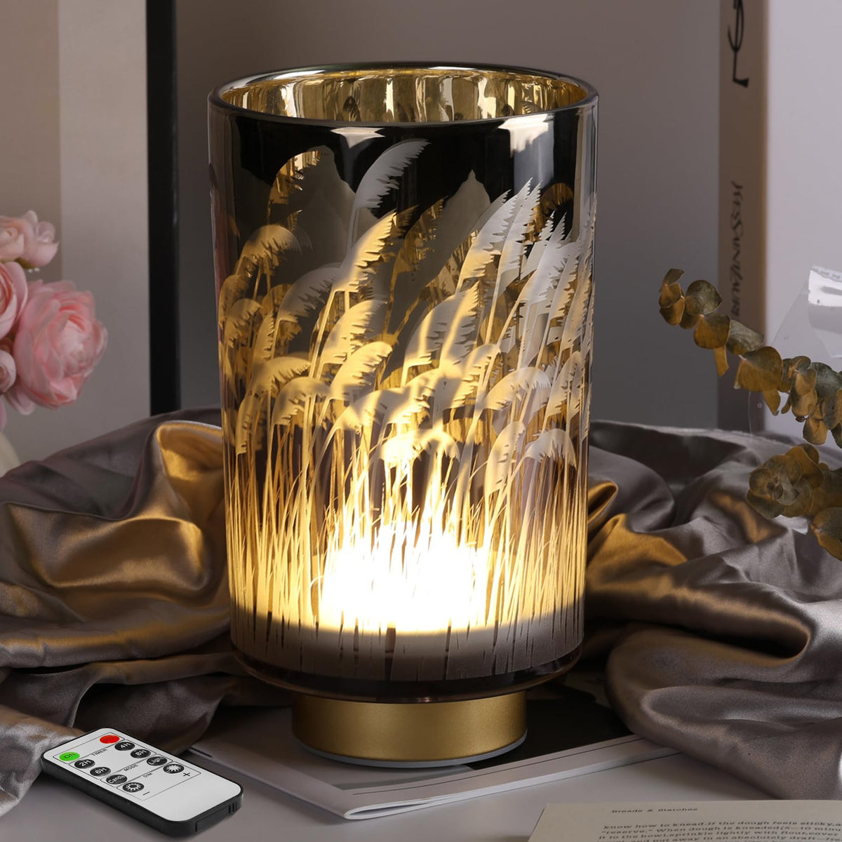 Eywamage Battery Operated Table Lamp with Remote, Pampas Cordless Glass Accent Lamp Lights for Bedroom Living Room Kitchen